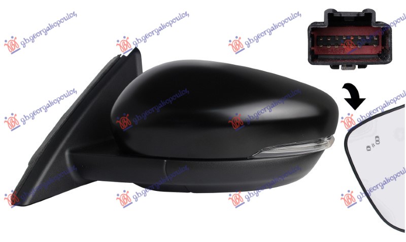 DOOR MIRROR ELECT. HEATED FOLDABLE PRIMED W/MEMORY (W/S. LAMP & FOOT L. & BLIS) 15PIN (A QUALITY) (CONVEX GLASS)
